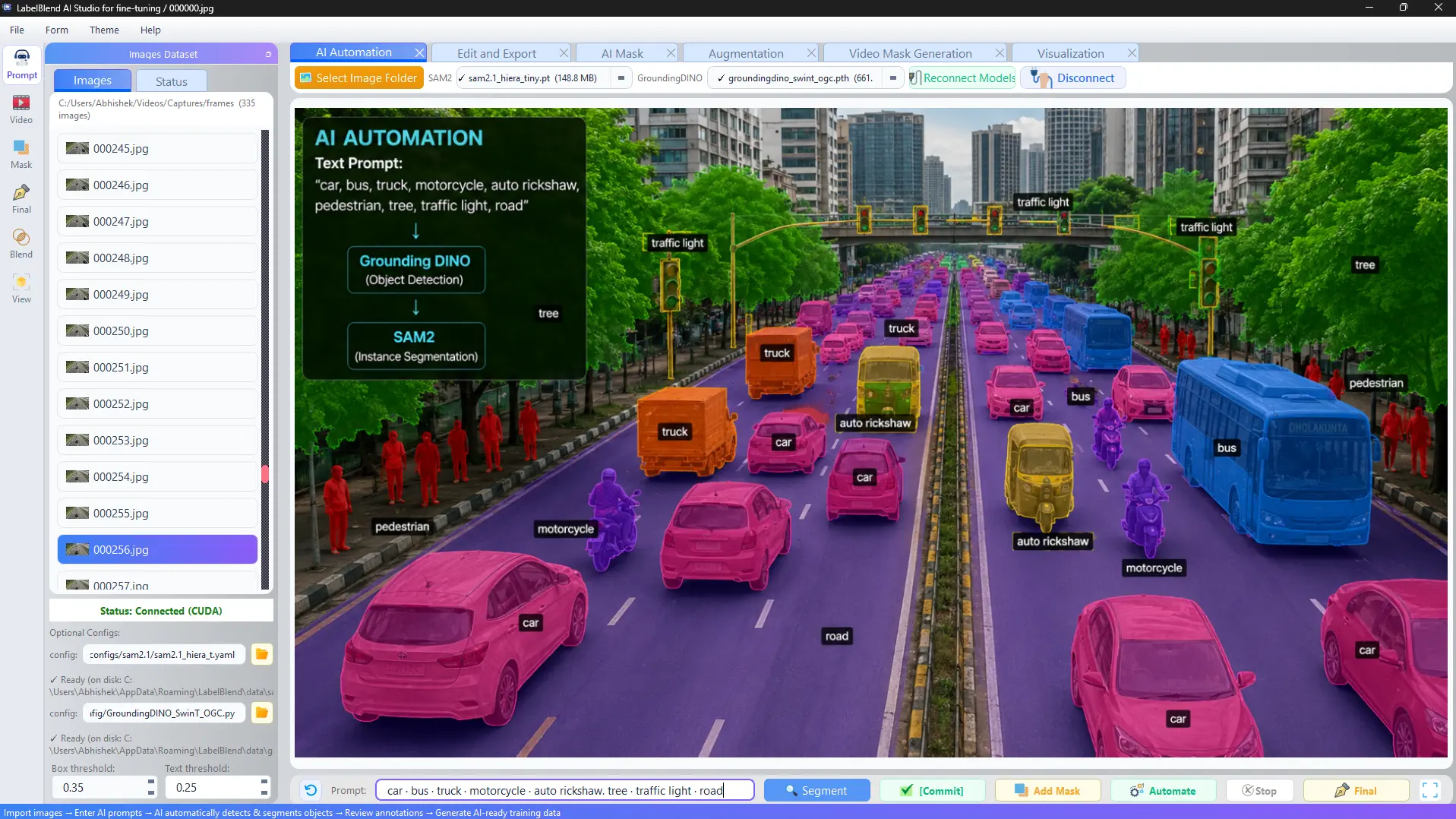 LabelBlend Pro prompt workspace running AI-assisted labeling with SAM2 and GroundingDINO on Windows